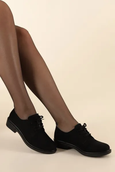 Siyah Süet Bağcıklı Kadın Loafer Ayakkabı 307596