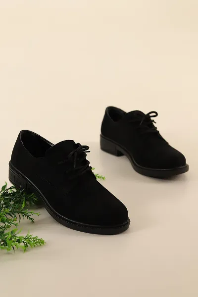 Siyah Süet Bağcıklı Kadın Loafer Ayakkabı 307596