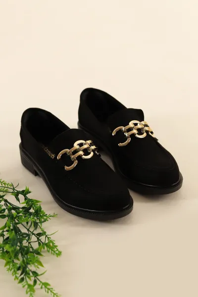 Siyah Süet Gold Zincirli Kadın Loafer Ayakkabı 302418