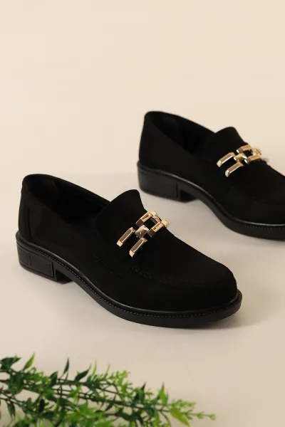 Siyah Süet Gold Zincirli Kadın Loafer Ayakkabı 304245