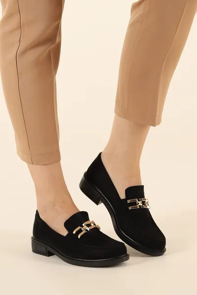 Siyah Süet Gold Zincirli Kadın Loafer Ayakkabı 304245