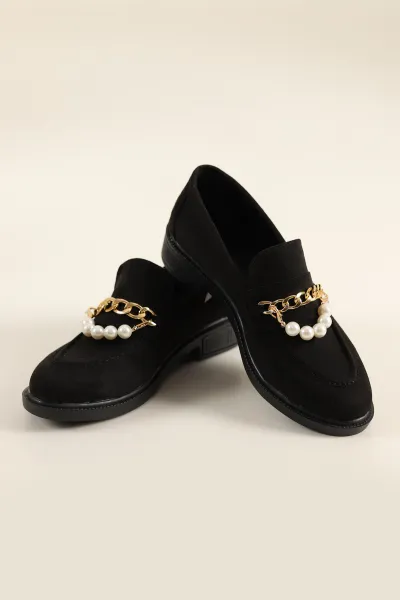 Siyah Süet İnci Tokalı Loafer Ayakkabı 250119