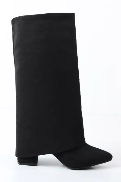 Siyah Süet Sivri Burun Çıkarılabilir Kadın Topuklu Çizme Bot 488597