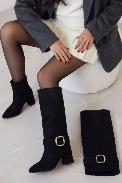 Siyah Süet Sivri Burun Kadın Topuklu Çizme Bot 489812