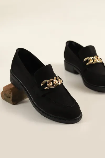 Siyah Süet Zincir Toka Detay Loafer Ayakkabı 250114