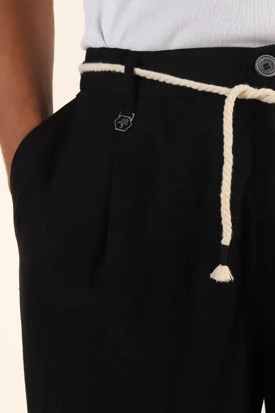 Siyah Süper Baggy Keten Bel Lastikli Erkek Pantolon 380957