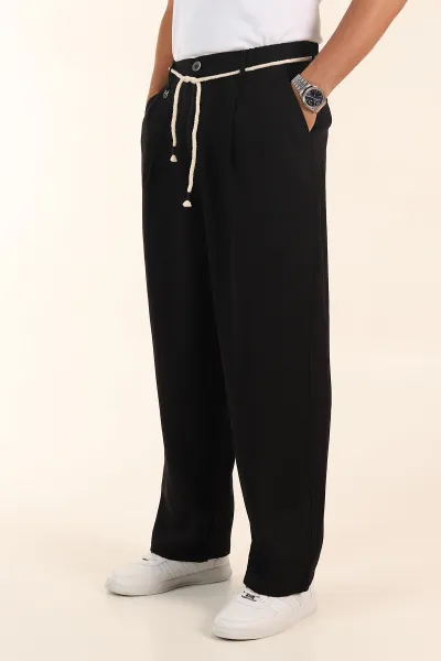 Siyah Süper Baggy Keten Bel Lastikli Erkek Pantolon 380957