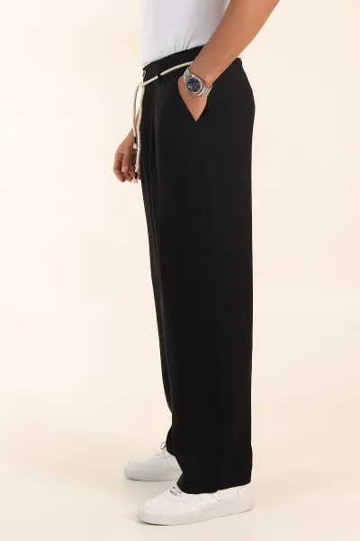 Siyah Süper Baggy Keten Bel Lastikli Erkek Pantolon 380957