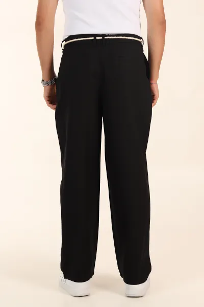 Siyah Süper Baggy Keten Bel Lastikli Erkek Pantolon 380957