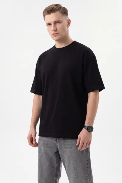 Siyah Süprem Kumaş Oversize Sıfır Yaka Erkek Tişört 487711