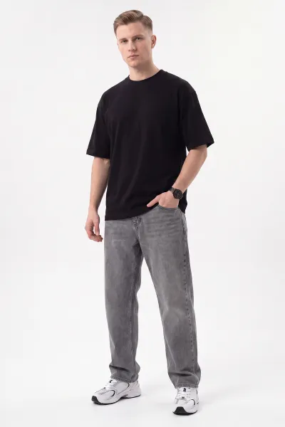 Siyah Süprem Kumaş Oversize Sıfır Yaka Erkek Tişört 487711