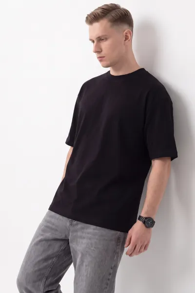 Siyah Süprem Kumaş Oversize Sıfır Yaka Erkek Tişört 487711