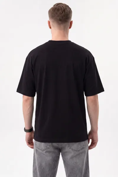 Siyah Süprem Kumaş Oversize Sıfır Yaka Erkek Tişört 487711