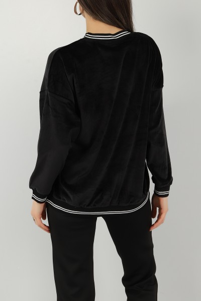 Siyah Süzene Nakışlı Kadife Sweat 144947