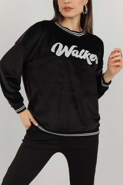 Siyah Süzene Nakışlı Kadife Sweat 144947