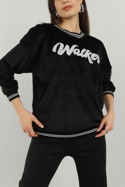 Siyah Süzene Nakışlı Kadife Sweat 144947