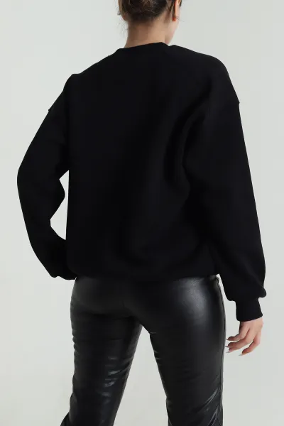 Siyah Süzene Nakışlı Şardonlu Üç İp Kadın Sweat 486707