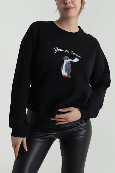 Siyah Süzene Nakışlı Şardonsuz Üç İp Kadın Sweat 486603