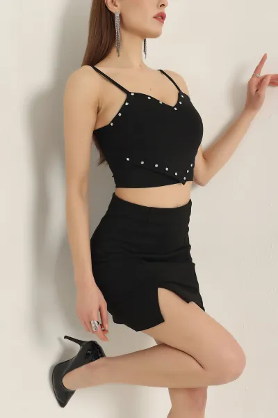 Siyah Taş Detay Scuba Crop Bluz 337364