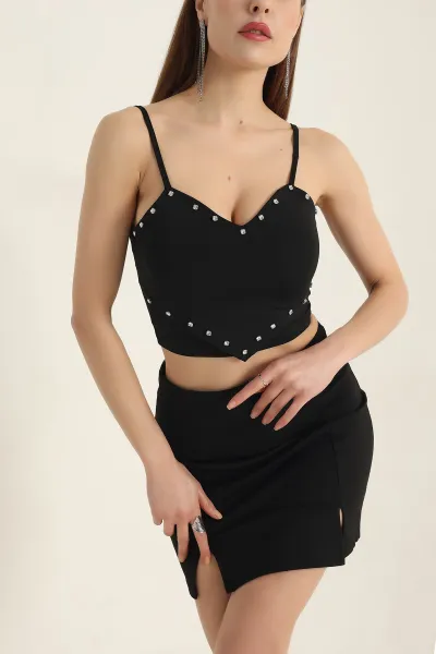 Siyah Taş Detay Scuba Crop Bluz 337364