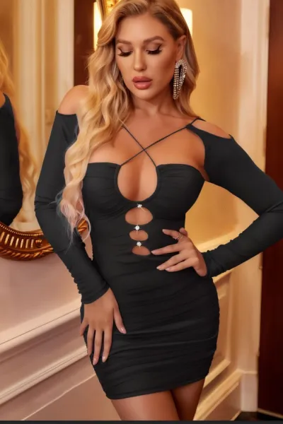 Siyah Taş Detaylı Seksi Mini Gece Kıyafeti 422938
