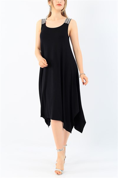 Siyah Taş İşlemeli Askılı Elbise 36812