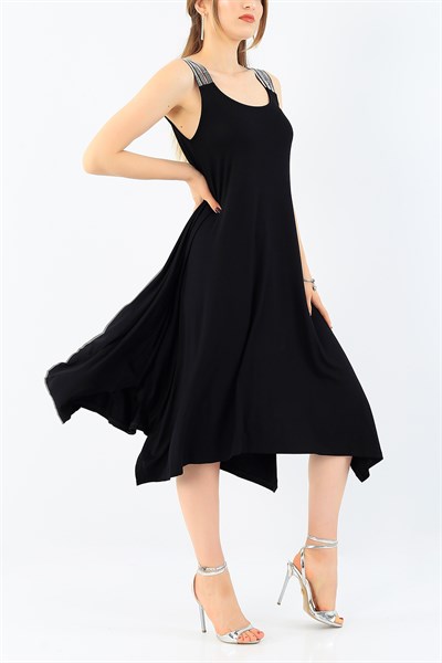 Siyah Taş İşlemeli Askılı Elbise 36812