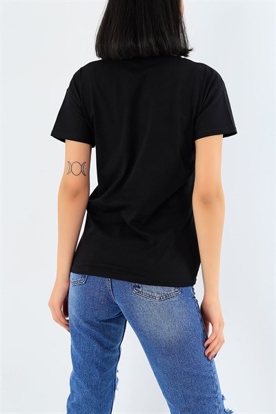 Siyah Taş İşlemeli Baskılı Tişört 29489B