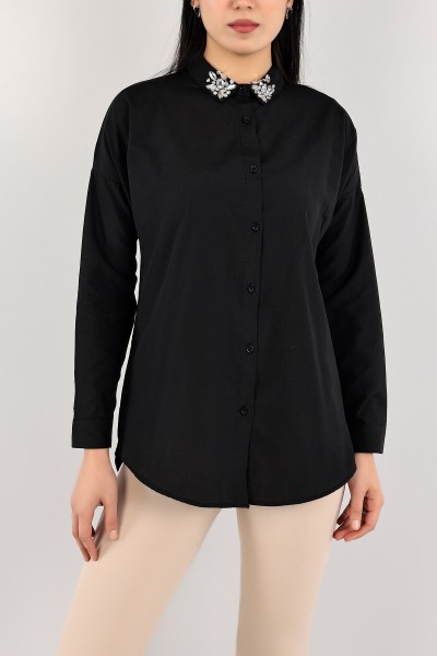 Siyah Taş İşlemeli Bayan Dokuma Gömlek 109859
