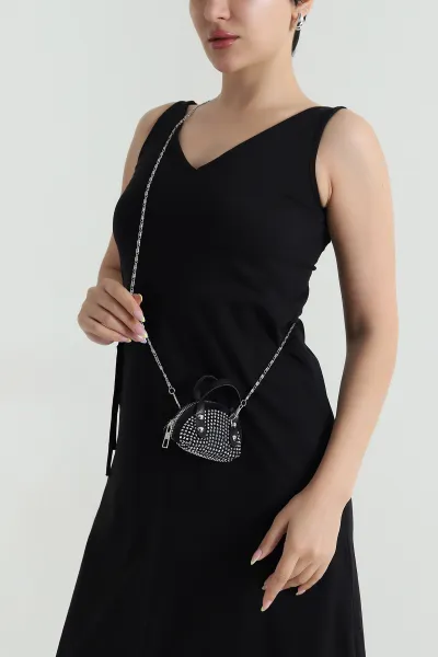 Siyah Taş İşlemeli Mini Boy El ve Omuz Çantası 465375