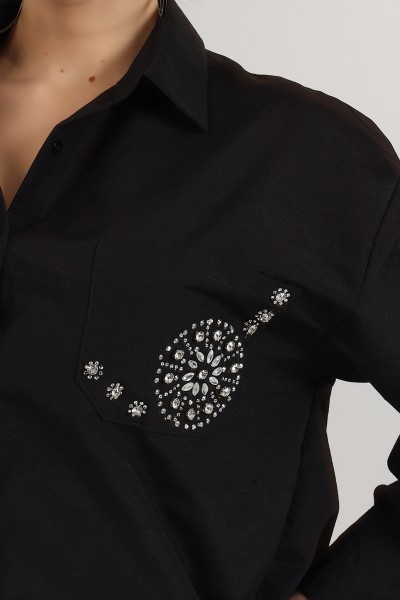 Siyah Taş İşlemeli Poplin Dokuma Gömlek Tunik 159248