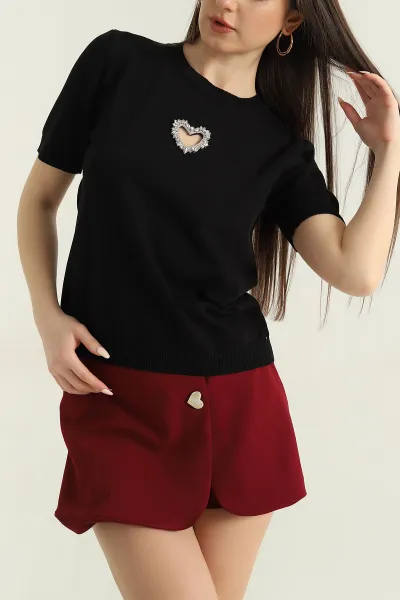 Siyah Taş İşlemeli Recycle Triko Bluz 355386