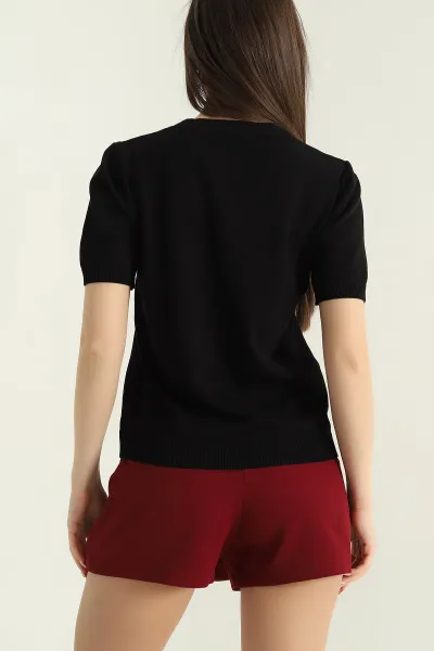 Siyah Taş İşlemeli Recycle Triko Bluz 355386