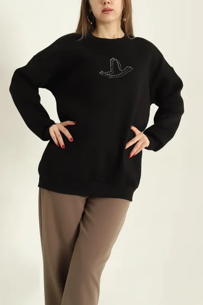Siyah Taş İşlemeli Şardonlu Üç İp Sweat 328990