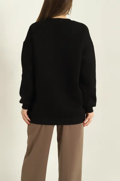 Siyah Taş İşlemeli Şardonlu Üç İp Sweat 328990