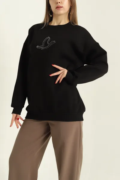 Siyah Taş İşlemeli Şardonlu Üç İp Sweat 328990