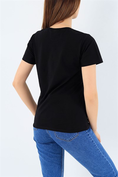 Siyah Taş İşlemeli Tasarım Tişört 27547B