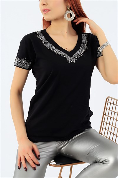 Siyah Taş İşlemeli Tasarım Tişört 27921B