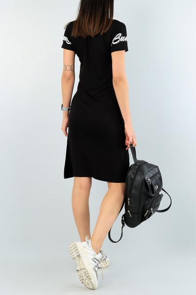 Siyah Taş İşlemeli Yırtmaçlı Elbise 60545