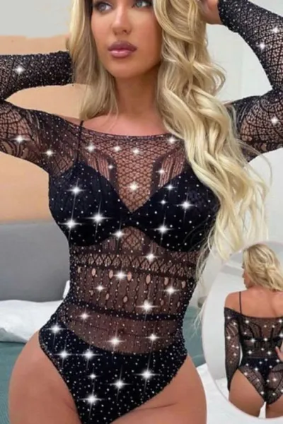 Siyah Taş Tasarımlı Kadın Seksi Vücut Çorabı 475249
