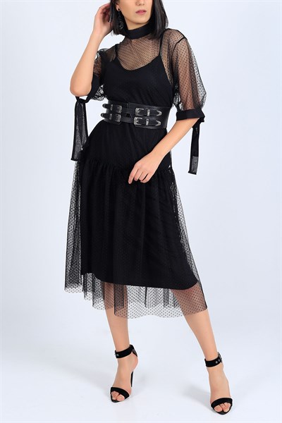 Siyah Tasarım Tül Elbise 26614B