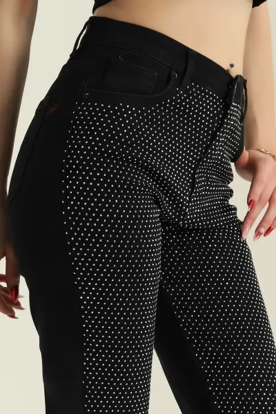 Siyah Taşlı Cepli Mom Kadın Kot Pantolon 424160