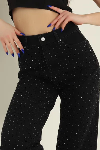 Siyah Taşlı Cepli Palazzo Kadın Kot Pantolon 424151