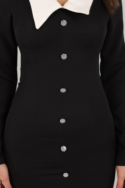 Siyah Taşlı Düğmeli Atlas Elbise 156041