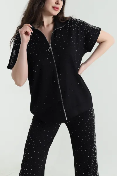 Siyah Taşlı Fermuarlı Modal Kadın İkili Takım 453419