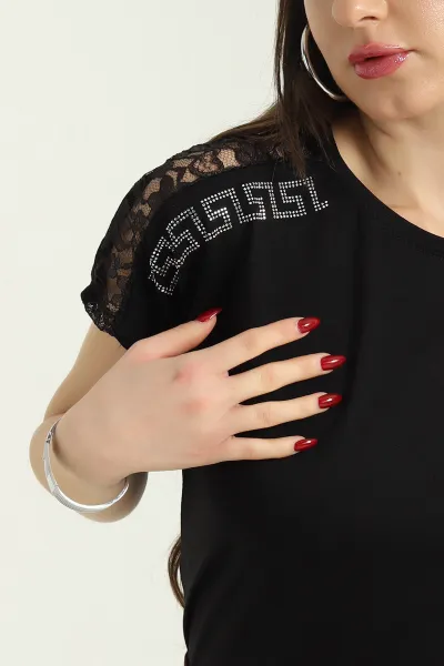 Siyah Taşlı Güpürlü Çilek Kumaş Bluz 334565