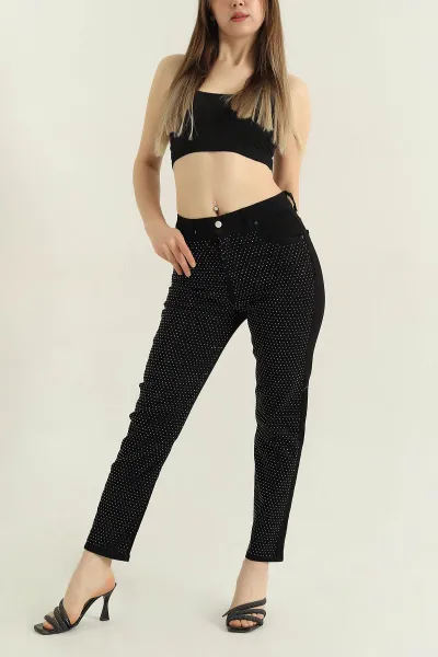 Siyah Taşlı Likralı Mom Kadın Kot Pantolon 352636