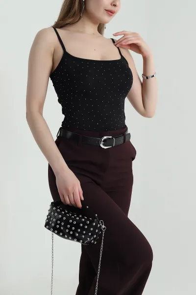 Siyah Taşlı Likralı Sandy Kadın Zıbın Bluz 458233