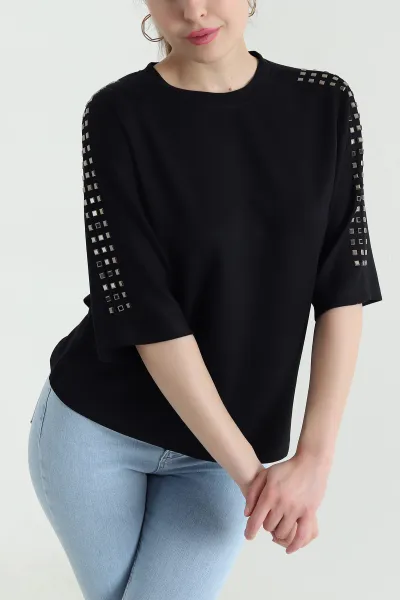 Siyah Taşlı Modal Salaş Kadın Bluz 444550
