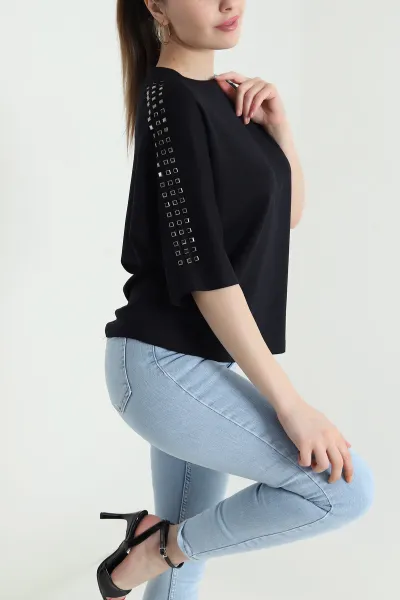 Siyah Taşlı Modal Salaş Kadın Bluz 444550